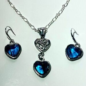 AWV Deep Blue Ink Heart & 925 Silver Necklace & Earrings